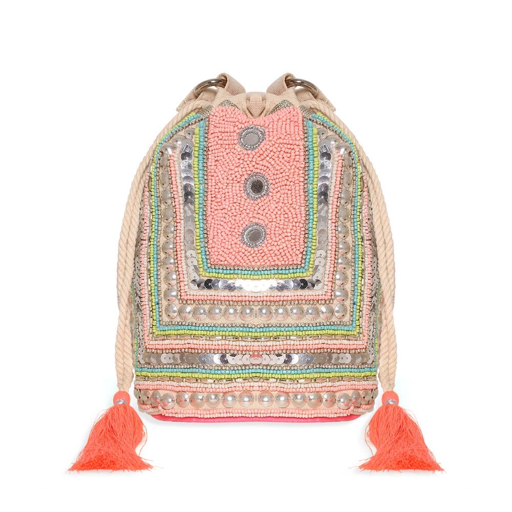 Canvas Drawstring Bag With Sequin And Pearl Work - image 1